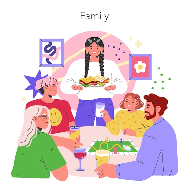 Concepto familiar una reunión alegre con una joven que sirve comida parientes disfrutando de bebidas y un