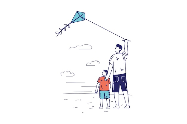 Concepto de familias sanas en diseño de línea plana para banner web. Padre e hijo están volando cometas y pasan tiempo juntos al aire libre, escena de gente moderna. Ilustración de vector de estilo gráfico de contorno