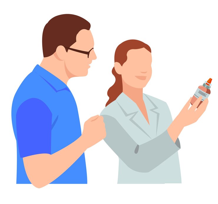 Vector concepto de farmacia y droguería pequeños farmacéuticos que presentan medicamentos píldoras antibióticas botellas de jeringas de vitaminas ilustración vectorial para medicamentos temas de curación de tiendas farmacéuticas