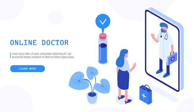 Concepto de farmacia en línea de atención médica. Paciente y médico. Banner web isométrico para página de destino. Ilustración vectorial.