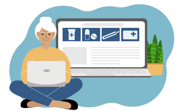 Concepto de farmacia en línea, medicación, tratamiento. una anciana está sentada con una computadora portátil. una computadora portátil con una página web abierta. ilustración vectorial plana