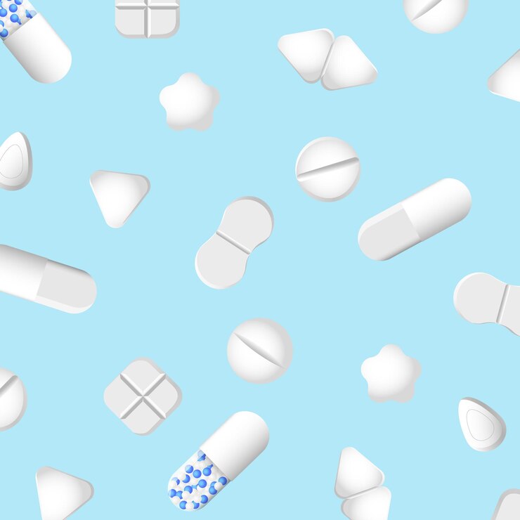 Concepto de farmacia mínima patrón sin costuras vectorial con pastillas pastillas y cápsulas