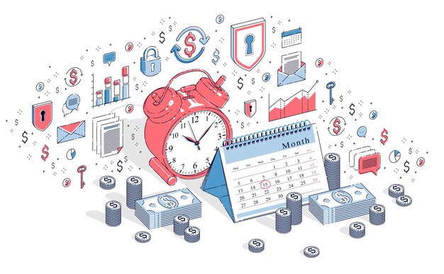 Concepto de fecha límite, reloj despertador de mesa y calendario con pilas de dinero en efectivo aisladas sobre fondo blanco. Vector ilustración de negocios isométrica 3d con iconos, gráficos de estadísticas y elementos de diseño.