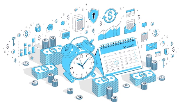 Concepto de fecha límite, reloj despertador de mesa y calendario con pilas de dinero en efectivo aisladas sobre fondo blanco. Vector ilustración de negocios isométrica 3d con iconos, gráficos de estadísticas y elementos de diseño.