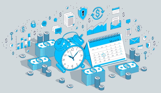 Concepto de fecha límite, reloj despertador de mesa y calendario con pilas de dinero en efectivo aisladas sobre fondo blanco. Vector ilustración de negocios isométrica 3d con iconos, gráficos de estadísticas y elementos de diseño.