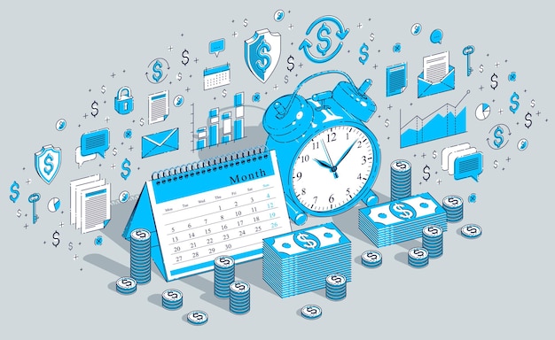 Concepto de fecha límite, reloj despertador de mesa y calendario con pilas de dinero en efectivo aisladas sobre fondo blanco. Vector ilustración de negocios isométrica 3d con iconos, gráficos de estadísticas y elementos de diseño.