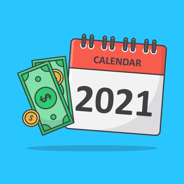 Concepto de fecha de pago o día de pago. Dinero con calendario plano
