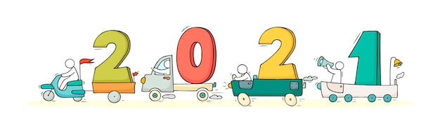 Concepto de feliz año nuevo 2021 con coches. ilustración de dibujos animados doodle con gente pequeña se prepara para la celebración. dibujado a mano para el diseño de navidad.