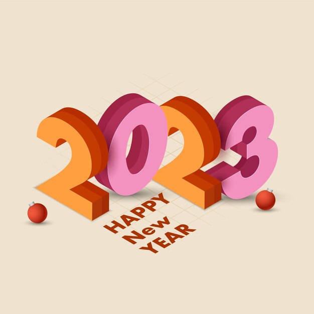 Concepto de feliz año nuevo con número 3D 2023 y adornos sobre fondo beige