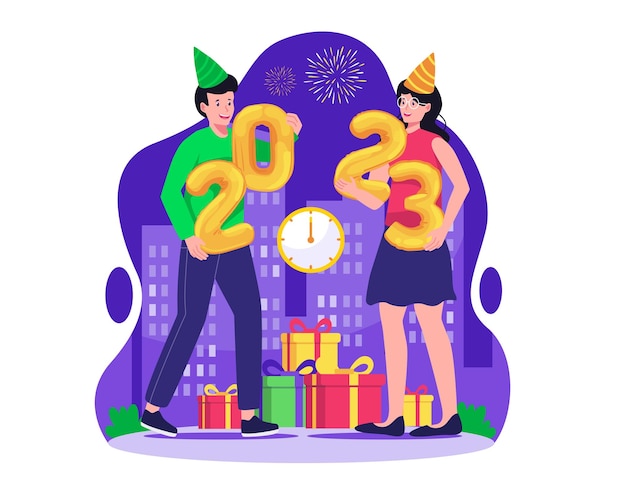 Vector concepto de feliz año nuevo con una pareja con números 2023 celebrando la ilustración de año nuevo