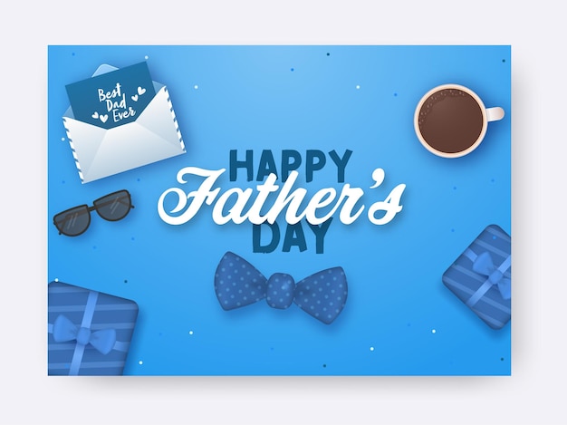 Concepto de feliz día del padre con vista superior de sobres, anteojos, pajarita, cajas de regalo y taza de té sobre fondo azul.