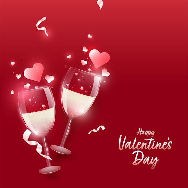 Concepto de feliz día de san valentín con copas de vino realistas y corazones sobre fondo rojo