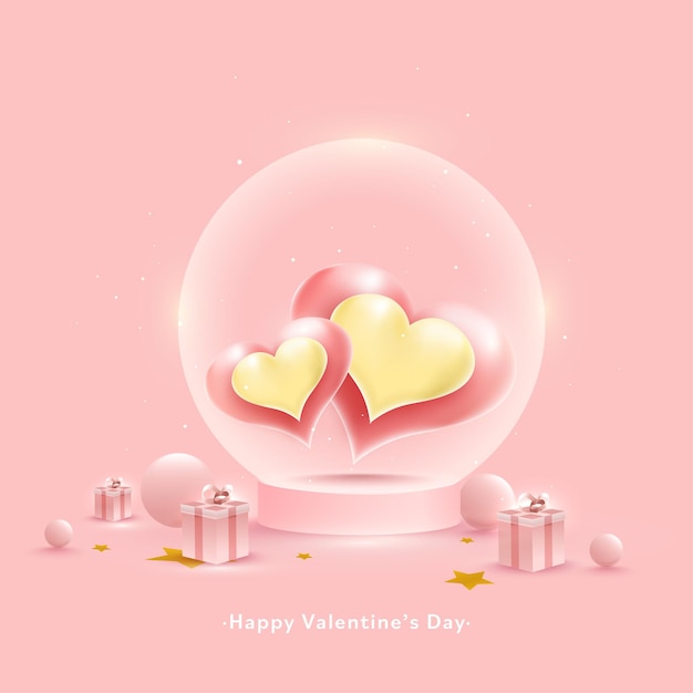 Concepto de feliz día de san valentín con corazón brillante dentro de globo de cristal, bolas y cajas de regalo sobre fondo rosa pastel.