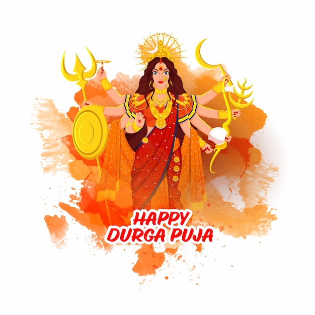 Vector concepto feliz durga puja con escultura de la diosa durga maa y efecto acuarela naranja sobre fondo blanco