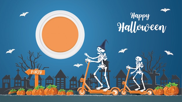 Vector el concepto feliz halloween con esqueletos montando un scooter eléctrico va de fiesta por la noche.