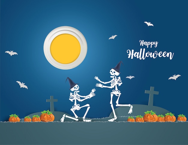 El concepto feliz halloween con esqueletos montando un scooter eléctrico va de fiesta por la noche.