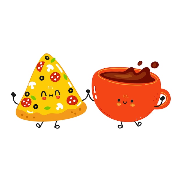 Concepto feliz lindo de los amigos de la taza de café y de la pizza