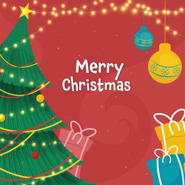 Concepto de feliz Navidad con árbol de Navidad decorativo, cajas de regalo, adornos colgantes y guirnalda de iluminación sobre fondo rojo.