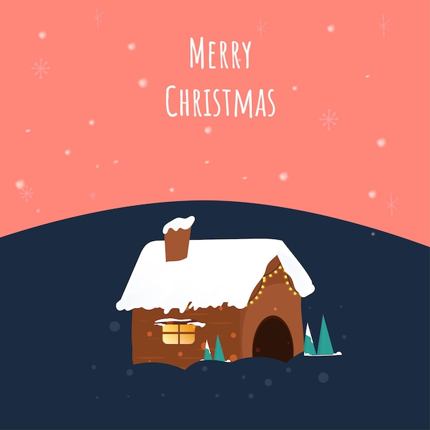 Concepto de feliz Navidad con casa de chimenea de cubierta de nieve, árboles de Navidad sobre fondo azul y melocotón.