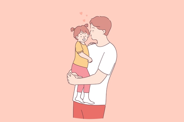 Concepto feliz de padre e hija. personaje de dibujos animados joven padre positivo sosteniendo a la pequeña hija en las manos y besándola con amor y ternura