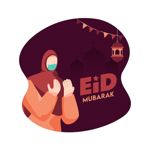 Concepto del festival islámico con una mujer musulmana con máscara en ocasión de eid. concepto de eid mubarak durante covid-19.