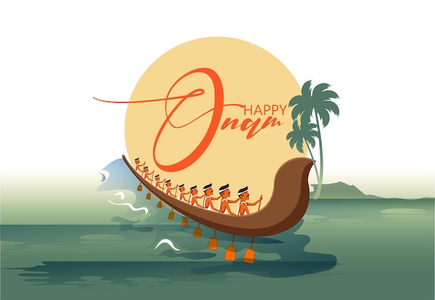 Vector concepto del festival onam remando en un bote de serpientes durante el festival 'onam' en kerala, india