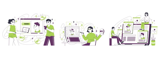 Concepto de ficha de criptomoneda Fichas no fungibles personas que venden y compran NFT Crypto arts ilustración vectorial plana en fondo blanco