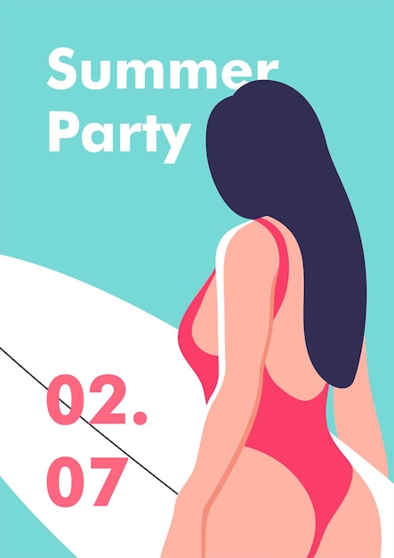 Vector concepto de fiesta de verano mujer joven atractiva en traje de baño rojo está caminando con tabla de surf en las manos