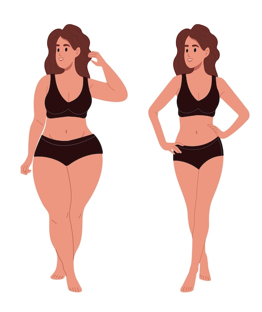 Concepto de figura gorda y sobrepeso Una mujer con sobrepeso se para frente a una mujer delgada y delgada antes y después de la pérdida de peso Ilustraciones vectoriales