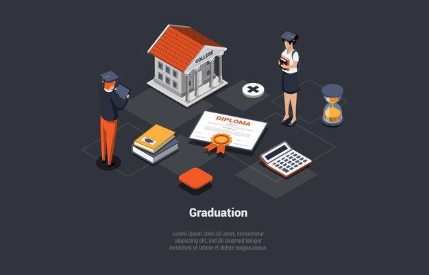 Concepto de fin de graduación de la escuela y la universidad Estudiantes felices regocijándose del final de la escuela universitaria o del año académico cerca de un enorme diploma y edificio universitario Ilustración vectorial isométrica 3D