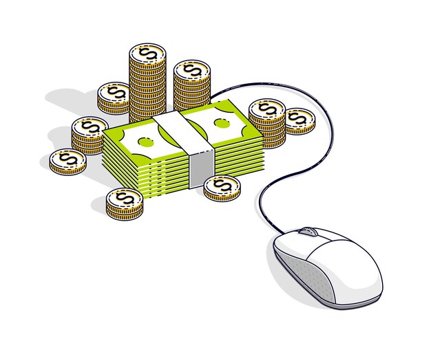 Concepto de finanzas en línea pagos en línea ganancias en línea banca en línea pilas de dinero en efectivo con ratón de computadora conectadas a pilas ilustración isométrica de vectores 3D de negocios y finanzas