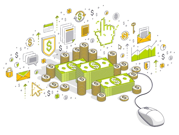 Concepto de finanzas en línea, pagos web, ganancias por Internet, banca en línea, montones de dinero con mouse de computadora. Ilustración de negocios isométricos vectoriales 3d con iconos, gráficos de estadísticas y elementos de diseño.