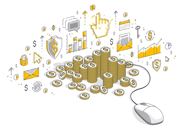 Concepto de finanzas en línea, pagos web, ganancias por Internet, banca en línea, montones de dinero con mouse de computadora. Ilustración de negocios isométricos vectoriales 3d con iconos, gráficos de estadísticas y elementos de diseño.