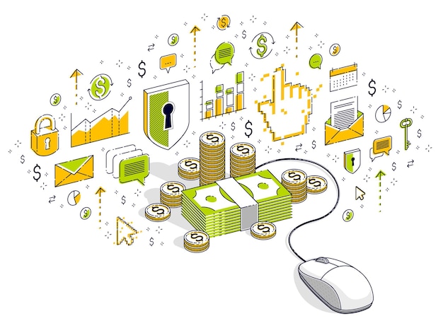 Concepto de finanzas en línea, pagos web, ganancias por Internet, banca en línea, montones de dinero con mouse de computadora. Ilustración de negocios isométricos vectoriales 3d con iconos, gráficos de estadísticas y elementos de diseño.