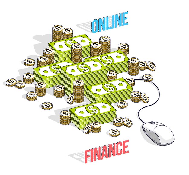 Concepto de finanzas en línea, pagos web, ganancias de Internet, banca en línea, pilas de dinero en efectivo con el mouse de la computadora conectado a las pilas. Ilustración isométrica de negocios y finanzas de vector 3d.