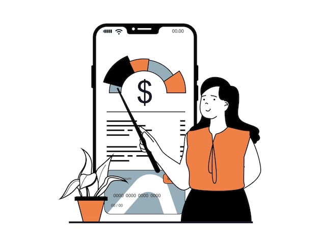 Concepto de finanzas con situación de carácter La mujer analiza las ganancias financieras y controla sus ahorros en cuenta usando la aplicación móvil Ilustración vectorial con escena de personas en diseño plano para web