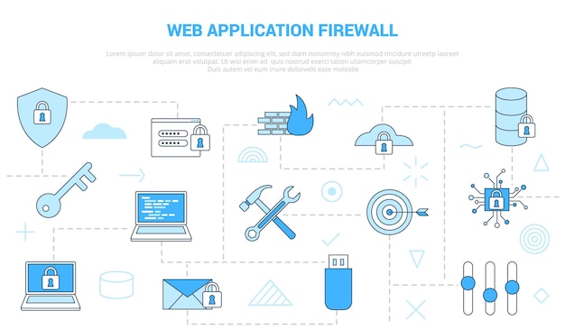 Concepto de firewall de aplicaciones web waf con banner de plantilla de conjunto de iconos con vector de estilo de color azul moderno
