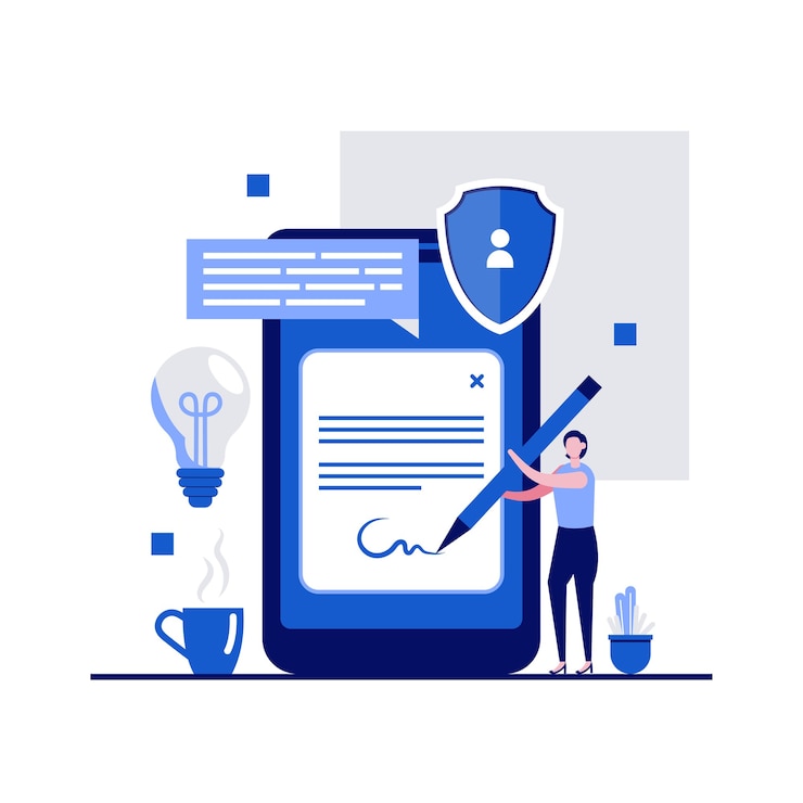 Vector concepto de firma de contrato digital con firma de firma de caracteres en la pantalla del teléfono inteligente