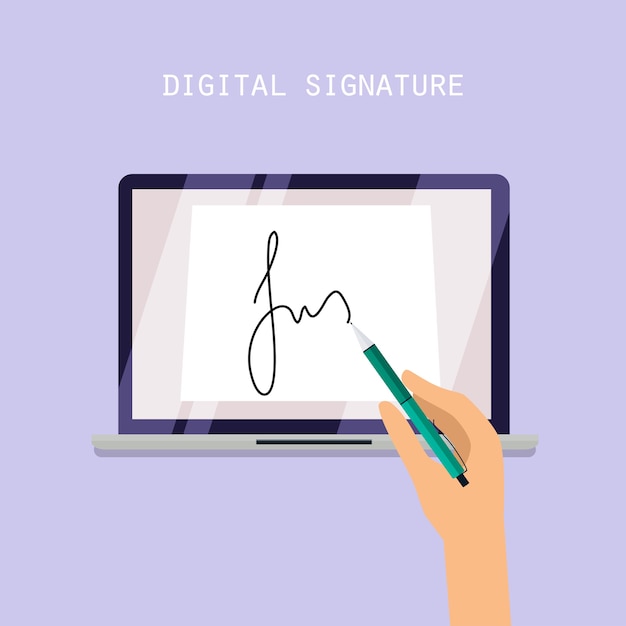 Concepto de firma digital. Contrato online en pantalla. ilustración.