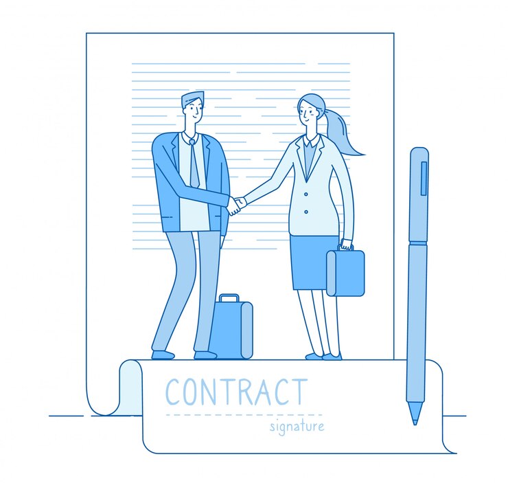 Vector concepto de firma electrónica. empresario abogado contrato reunión apretón de manos. financiar inversiones, antecedentes de contratos inteligentes