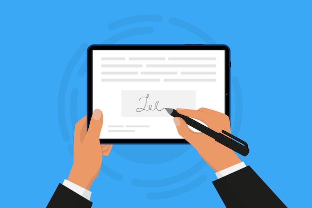 Concepto de firma electrónica isométrica Firma electrónica en tableta Documento electrónico Formulario digital adjunto al documento transmitido electrónicamente Ilustración vectorial