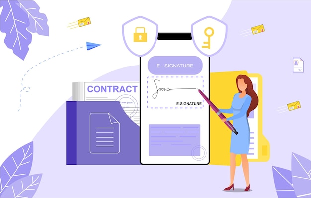 Concepto de firmas en documentos comerciales Ilustración vectorial de papeleo en red en línea