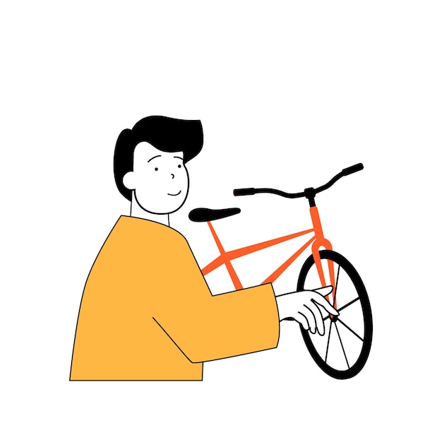 Concepto de fitness con gente de dibujos animados en diseño plano para web Hombre andando en bicicleta y haciendo entrenamiento cardiovascular y aeróbico en bicicleta Ilustración vectorial para material de marketing de banners en redes sociales