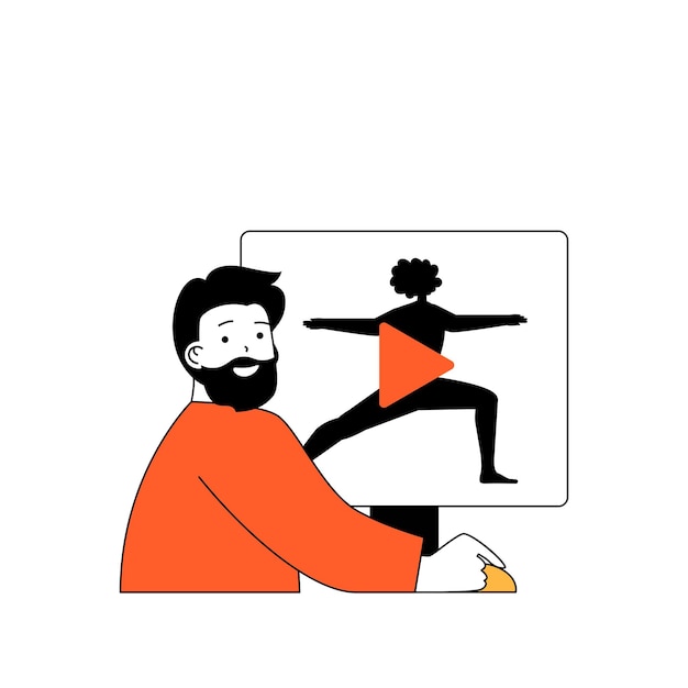 Concepto de fitness con gente de dibujos animados en diseño plano para web Hombre viendo lecciones deportivas en video con entrenador y haciendo ejercicios en casa Ilustración vectorial para material de marketing de banners en redes sociales