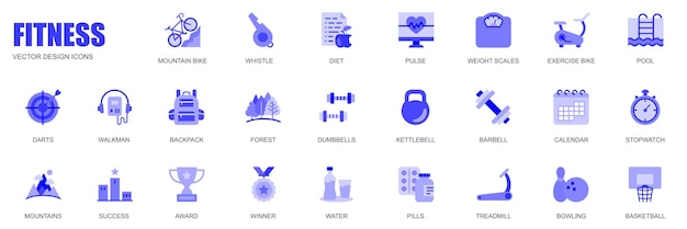 Concepto de fitness de iconos web establecidos en un diseño plano simple Paquete de silbato de bicicleta de montaña dieta pulso balanzas de peso dardos de piscina mochila con mancuernas y otros pictogramas azules vectoriales para aplicaciones móviles