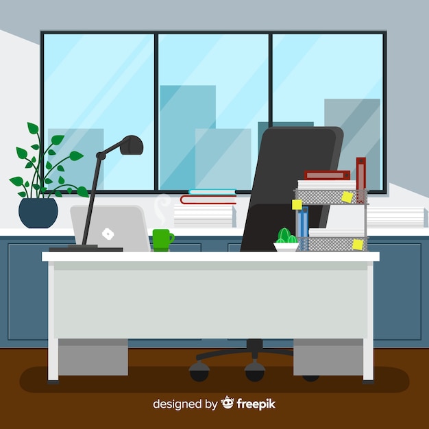 Concepto flat de espacio de trabajo con escritorio y silla