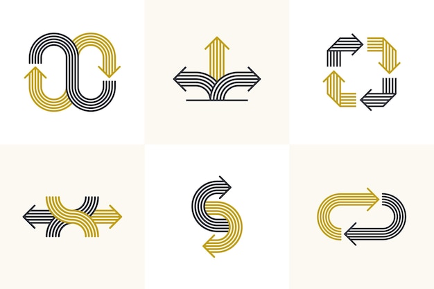Concepto flechas logotipos vectoriales conjunto aislado flechas dobles símbolo pictogramas colección icono a rayas de flecha