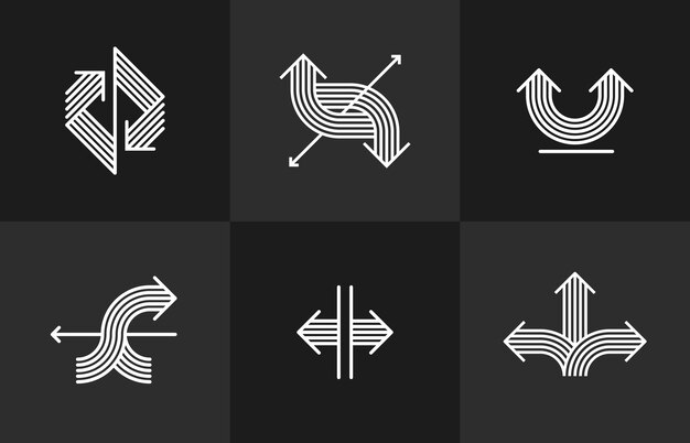Concepto flechas logotipos vectoriales conjunto aislado flechas dobles símbolo pictogramas colección icono a rayas de flecha