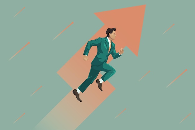 Vector concepto de flechas de negocios con un hombre de negocios con traje corriendo hacia la aceleración del éxito para obtener una ilustración de vector de fondo de ventas de ganancias