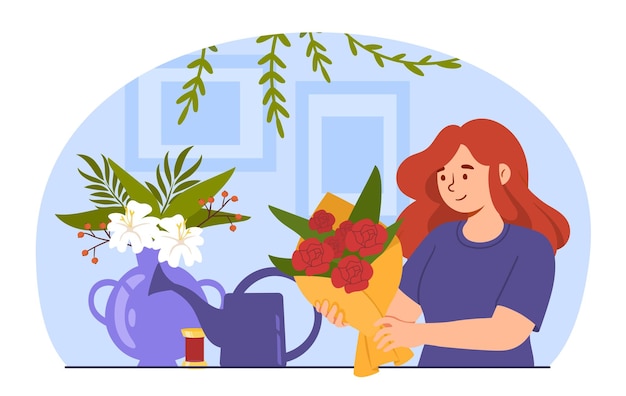 Concepto de floristería de mujer niña con flores y ramo amor y cuidado de las plantas estética belleza y elegancia botánica y horticultura dibujos animados ilustración vectorial plana